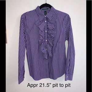 RALPH LAUREN Lrg Ruffle Blouse Purple/White Stripe